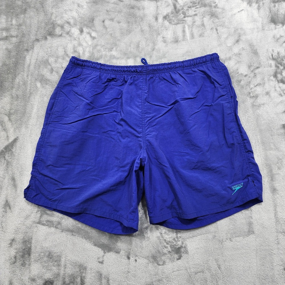 Vintage Speedo Swim Trunks Mens L Blue Spellout Logo Lined Drawstring Pockets